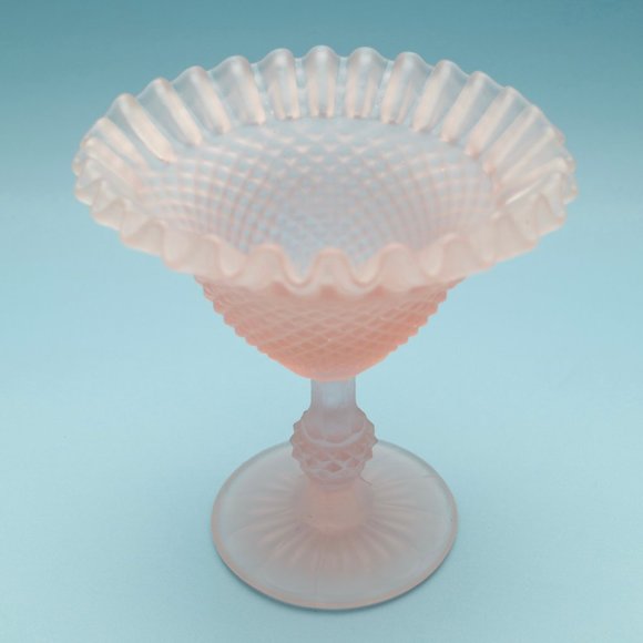 Frosted Pink Satin Vintage Candy Holder Compote - Crimped - Picture 1 of 4